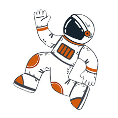 Astronaut illustration. Fantasy flat isolated character. Cartoon style of illustration. Cosmic explorer. Universe adventure. Person at spacesuit. Astronomy sketch. Symbol of future. Cosmos concept.
