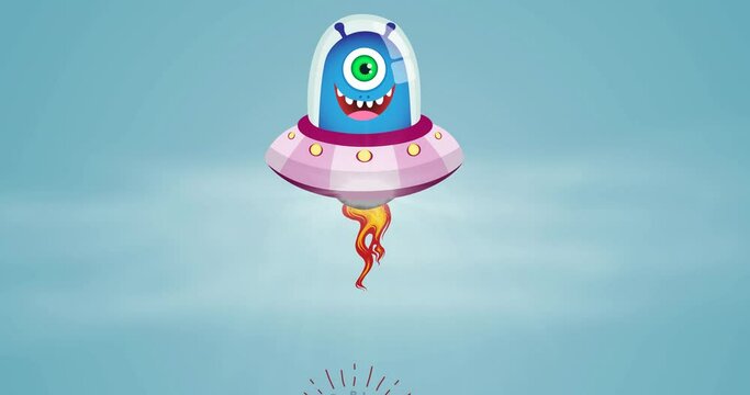Animation of happy independence day text with smiling allien over blue background