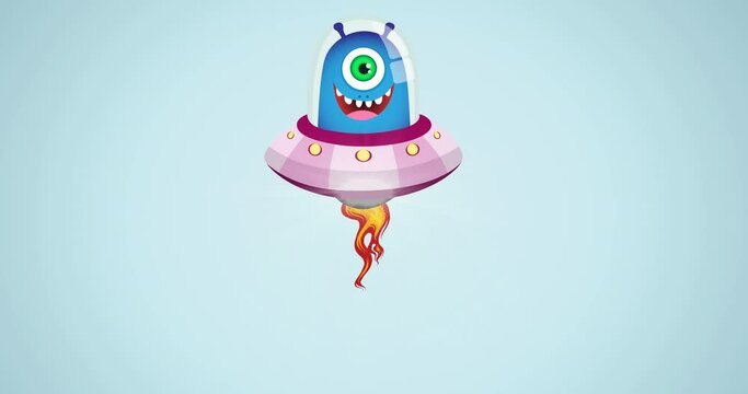 Animation of happy 4th of july text with smiling allien over blue background