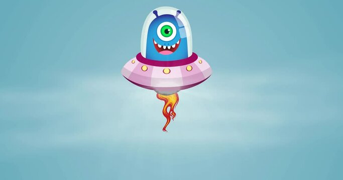 Animation of fourth of july text with smiling allien over blue background