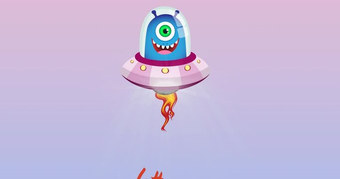 Animation of 4th of july text with smiling allien over purple background
