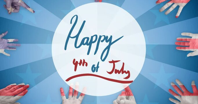 Animation of 4th of july text with hands painted in american flag pattern