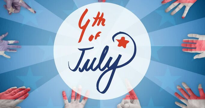 Animation of fourth of july text over hands painted with american flag pattern