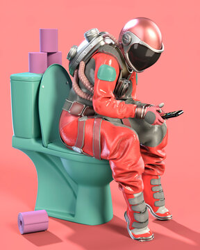 Astronaut sitting on the toilet with phone in hand. Pink background. 3D illustration