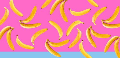 Ripe bananas on a pink background. Bananas pattern.