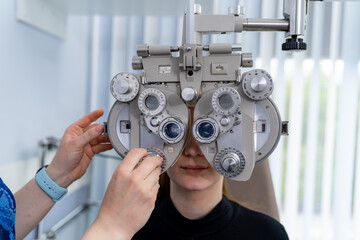 Clinic optometry instrument. Eyesight medical professional correction.