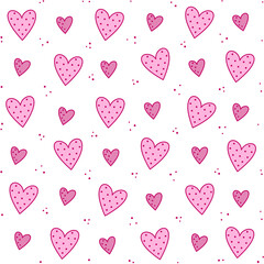 Hand drawn seamless pattern with doodle hearts. Cute romantic pink hearts and polka dot. Vector abstract background. Valentine's Day, holidays clip art design element.