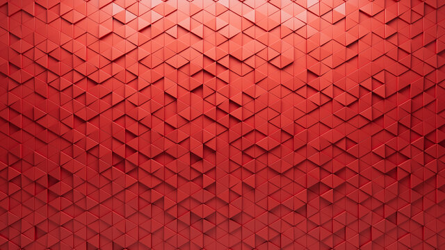 Triangular, 3D Wall background with tiles. Red, tile Wallpaper with Futuristic, Polished blocks. 3D Render