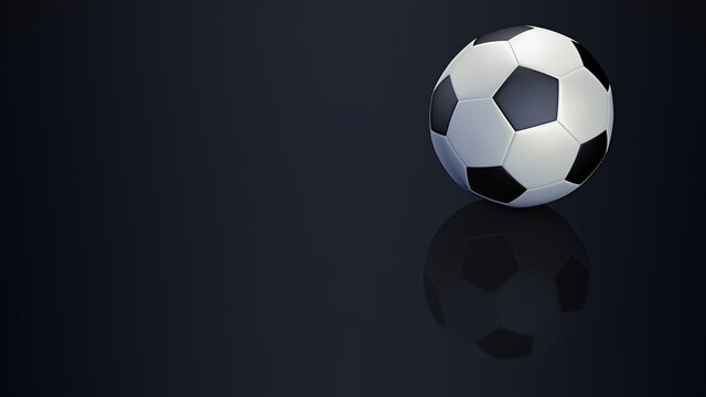 3D rendering. A soccer ball on a dark background. Mirror image of the object. Sports equipment. A team game. 3D illustration.
