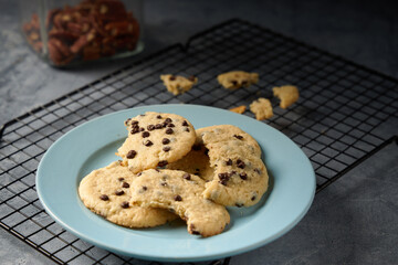 
sky blue plane with pecan cookies with choco chocolate chips