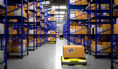 Warehouse with packages, rack shelves and robots - 3D illustration