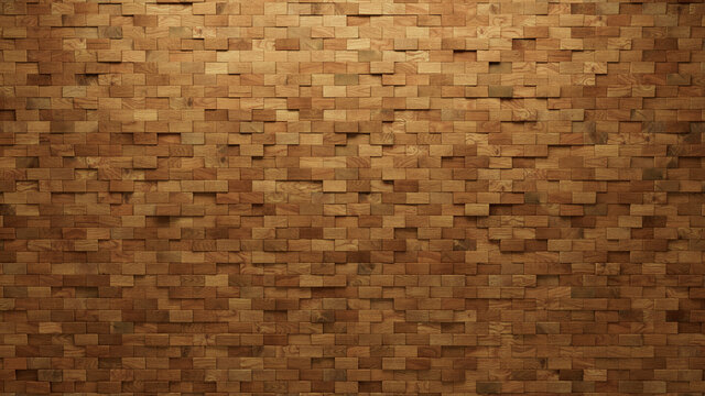 3D, Timber Wall background with tiles. Wood, tile Wallpaper with Natural, Rectangular blocks. 3D Render