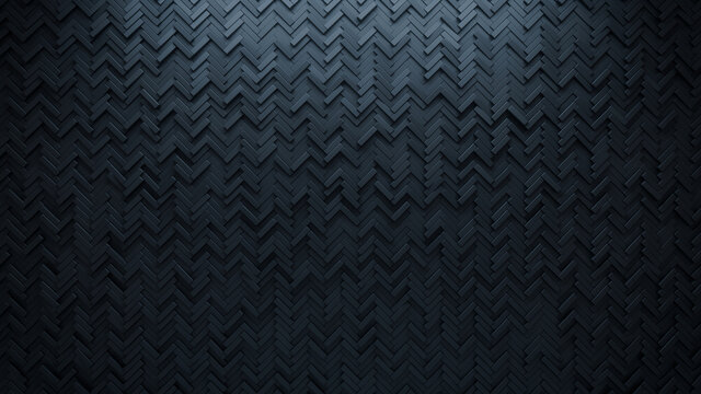 Black, 3D Wall background with tiles. Herringbone, tile Wallpaper with Futuristic, Polished blocks. 3D Render
