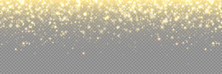 Gold glitter background, particle sparkles and vector golden confetti rain. Abstract glitter gold light with glistering glow, Christmas glowing dust shine and magic shimmer