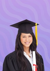 Composition of happy asian female student with certificate in graduation hat on purple