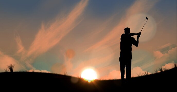 Composition of silhouette of male golf player over landscape and sun setting with copy space