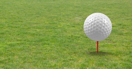 Composition of golf ball in grass on red tee and copy space