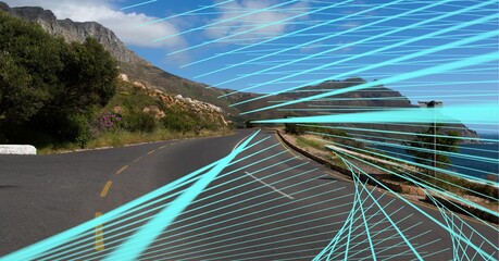 Composition of network of light trails and connections over landscape