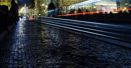 Composition of network of light trails and connections over cityscape at night