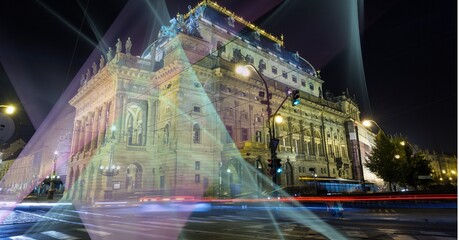 Composition of network of light trails and connections over cityscape