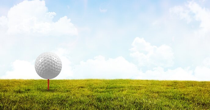Composition of golf ball in grass on red tee and copy space