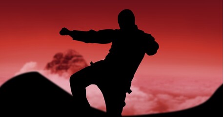 Composition of silhouette of male martial artist over red sky with sun setting