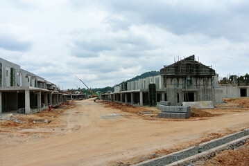 SEREMBAN, MALAYSIA -APRIL 16, 2020: New double story luxury terrace house under construction in Malaysia.  Designed by an architect with a modern and contemporary style. 