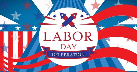 Composition of labor day celebration text with american flag pattern