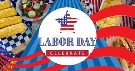 Composition of labor day celebrate text with snack food and american flag pattern - Powered by Adobe