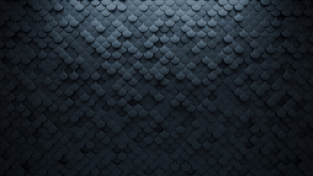 Black, Fish Scale Wall background with tiles. Futuristic, tile Wallpaper with 3D, Polished blocks. 3D Render