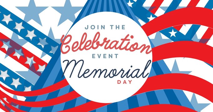 Composition of join the celebration event memorial day text with american flag pattern