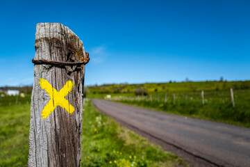 croix jaune sur un piquet  en bois d' une cloture le long d'une route