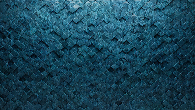 Polished, 3D Wall background with tiles. Arabesque, tile Wallpaper with Textured, Blue Patina blocks. 3D Render