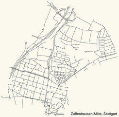 Black simple detailed street roads map on vintage beige background of the quarter Zuffenhausen-Mitte of district Zuffenhausen of Stuttgart, Germany