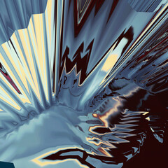 Background of glitch manipulations with 3D effect. Abstract flow of crystals with glass texture in blue and yllow shades. It can be used for web design and visualization of music