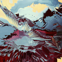 Background of glitch manipulations with 3D effect. Abstract flow of crystals with glass texture in red, blue and yellow shades. It can be used for web design and visualization of music