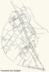 Black simple detailed street roads map on vintage beige background of the quarter Feuerbach-Ost of district Feuerbach of Stuttgart, Germany