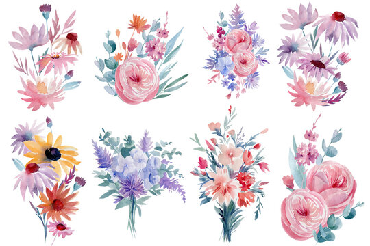 Abstract flowers on white background, hand drawn watercolor illustration