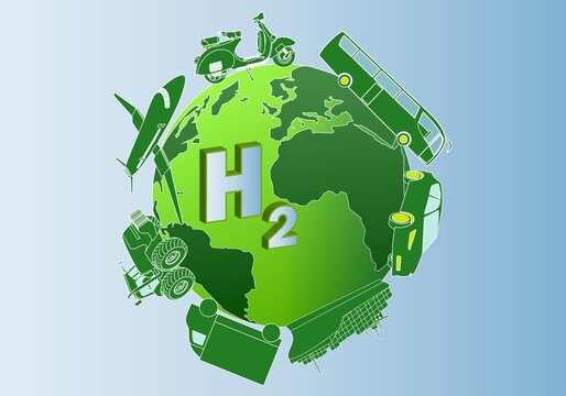 Transporte sostenible con hidrogeno verde. Medios de transporte verdes alrededor del planeta Tierra verde. Sin carbono y con aire limpio. Atmósfera libre de contaminación. 