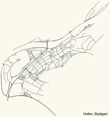 Black simple detailed street roads map on vintage beige background of the quarter Hofen of district Mühlhausen of Stuttgart, Germany
