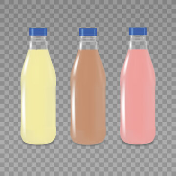 Set of bottles with yellow, chocolate and pink drinks isolated on transparent background. Vector 3d realistic Mockup. Plastic or glass Drink package design with lid. EPS10.