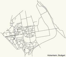 Black simple detailed street roads map on vintage beige background of the quarter Hohenheim of district Plieningen of Stuttgart, Germany