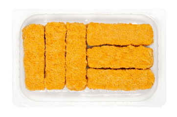 Vegan fish fingers, ready to fry in a clear plastic container. Vegan fish sticks, based on soy protein, in crispy breading, pre-fried and cooked. Close-up, from above, isolated over white, food photo.