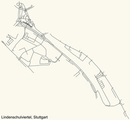 Black simple detailed street roads map on vintage beige background of the quarter Lindenschulviertel of district Untertürkheim of Stuttgart, Germany