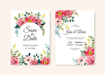 Wedding invitation card with watercolor red flower