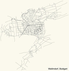 Black simple detailed street roads map on vintage beige background of the quarter Weilimdorf of district Weilimdorf of Stuttgart, Germany