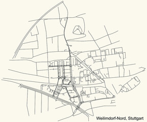 Black simple detailed street roads map on vintage beige background of the quarter Weilimdorf-Nord of district Weilimdorf of Stuttgart, Germany