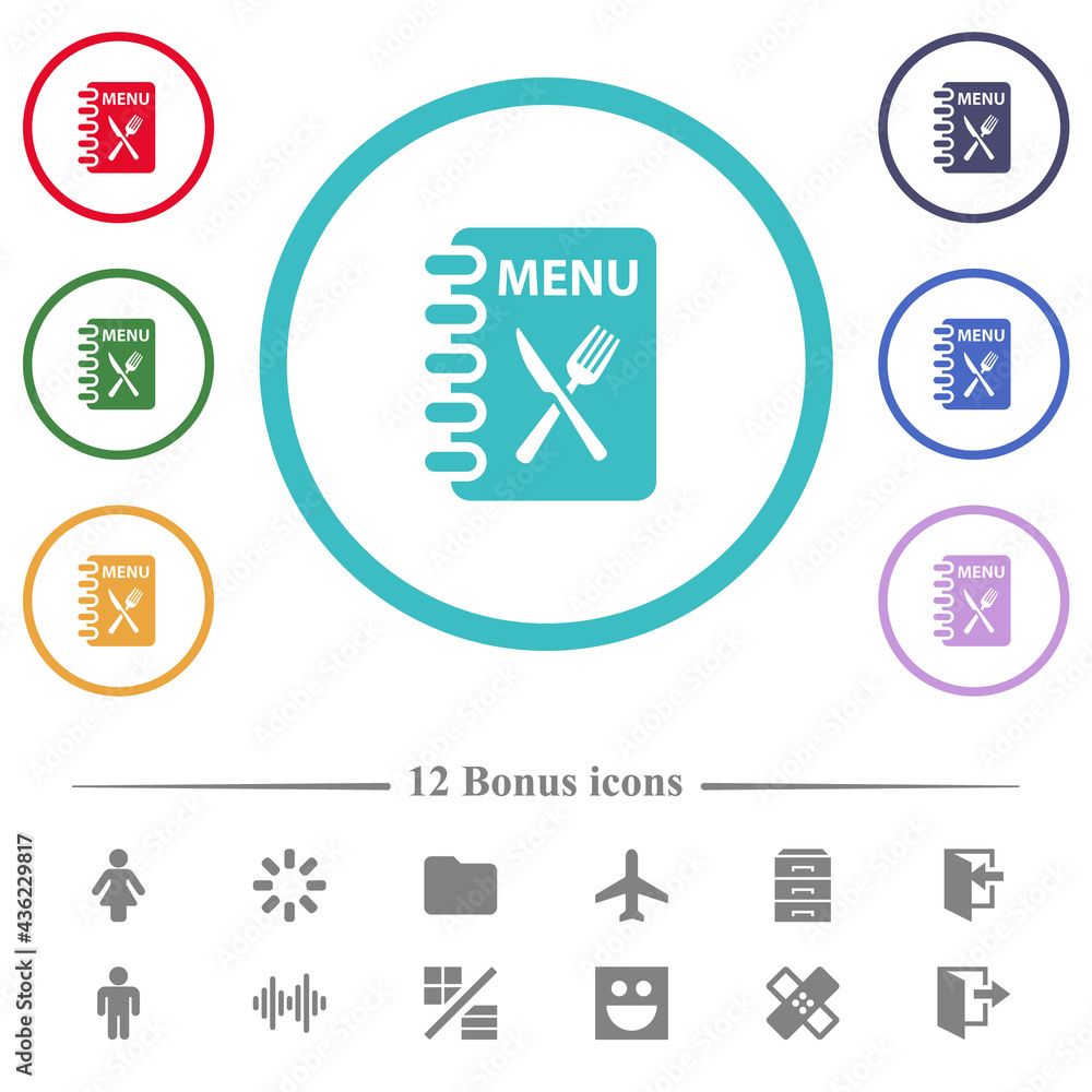 Poster menu with fork and knife flat color icons in circle shape outlines