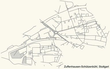 Black simple detailed street roads map on vintage beige background of the quarter Zuffenhausen-Schützenbühl of district Zuffenhausen of Stuttgart, Germany