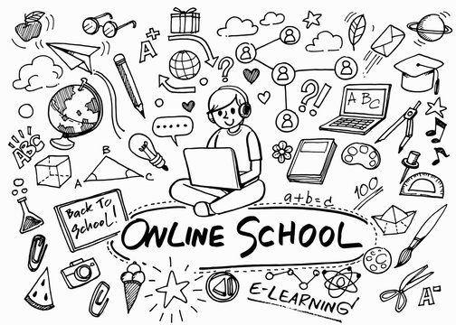 Set of Doodle Online School Hand drawn, Educations Set elements for your design,educations tools.-Vector illustration